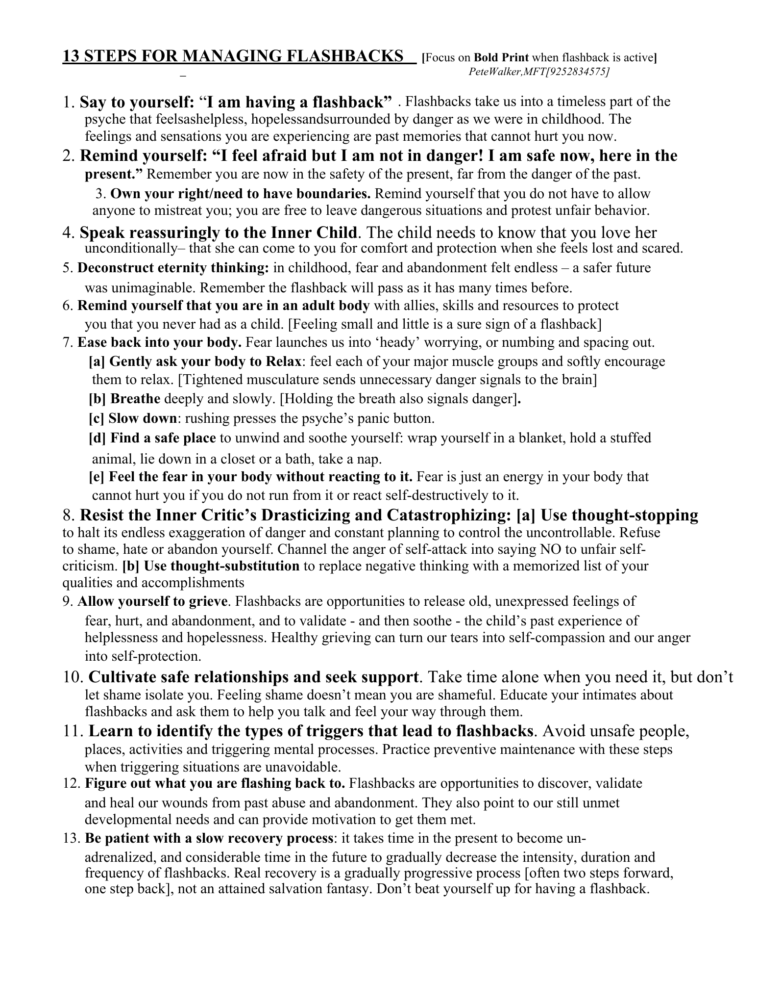 Pete Walker's 13 Steps for Managing Emotional Flashbacks
