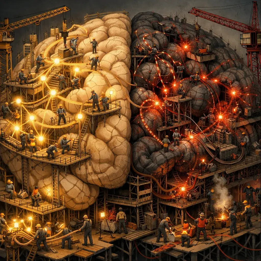 A brain shown as a construction site, illustrating ongoing development.
