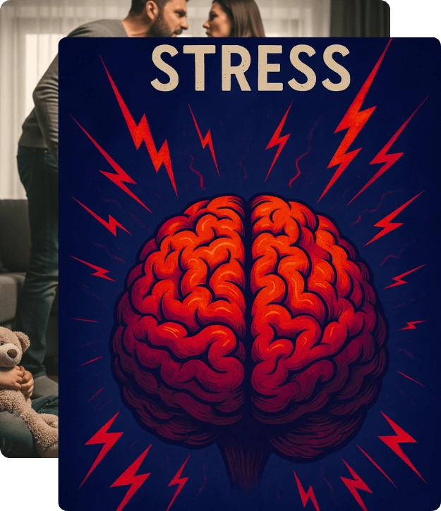 A layered illustration: a couple arguing behind a poster of a brain crackling with red lightning bolts under the word STRESS