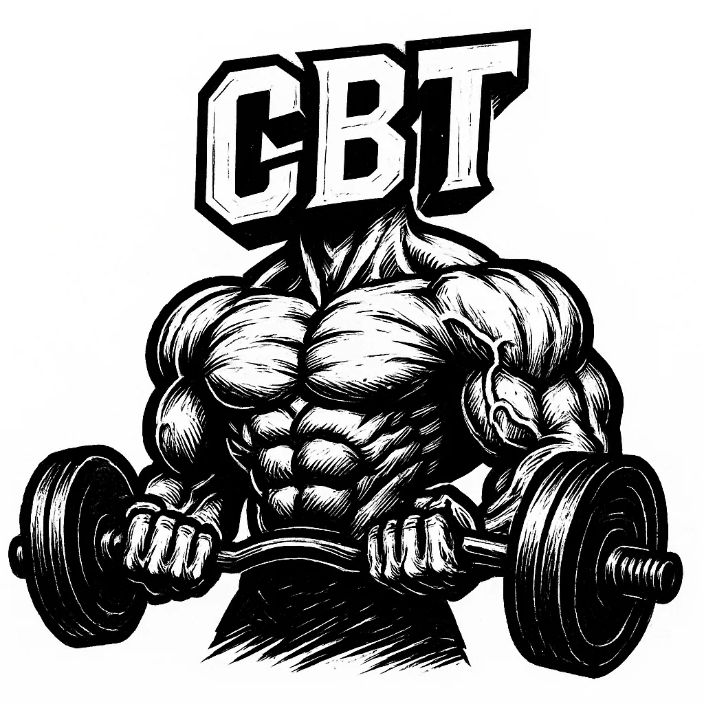 Cartoon muscular CBT character lifting barbells