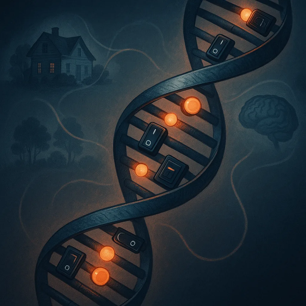 Conceptual DNA illustration with switches representing regulation of gene activity.
