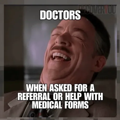 A figure laughing, referencing the J. Jonah Jameson meme, used as commentary on navigating the treatment system