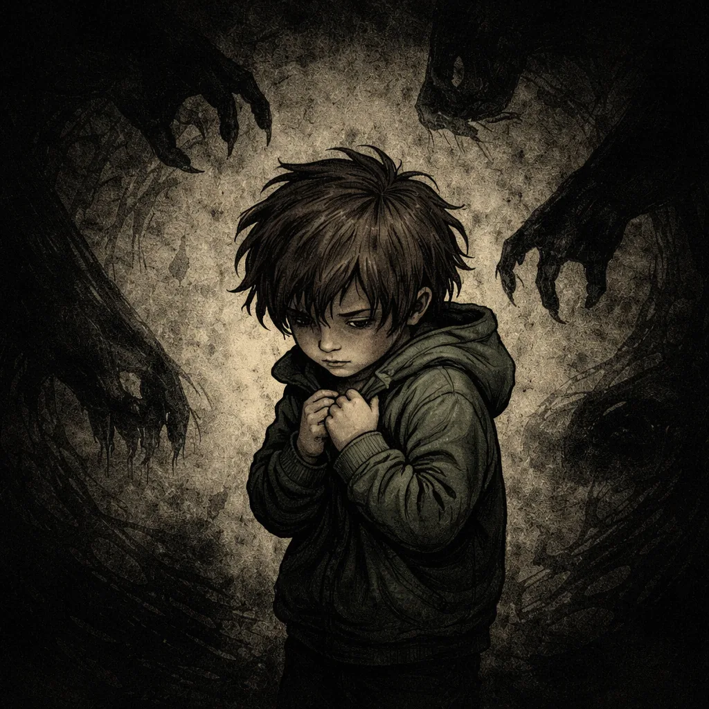 A cautious child standing with closed posture and downcast gaze, representing fear-based withdrawal and sensitivity to novelty