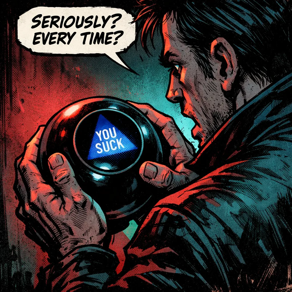 Comic-style illustration of a man looking at a magic eight-ball with a harsh prediction