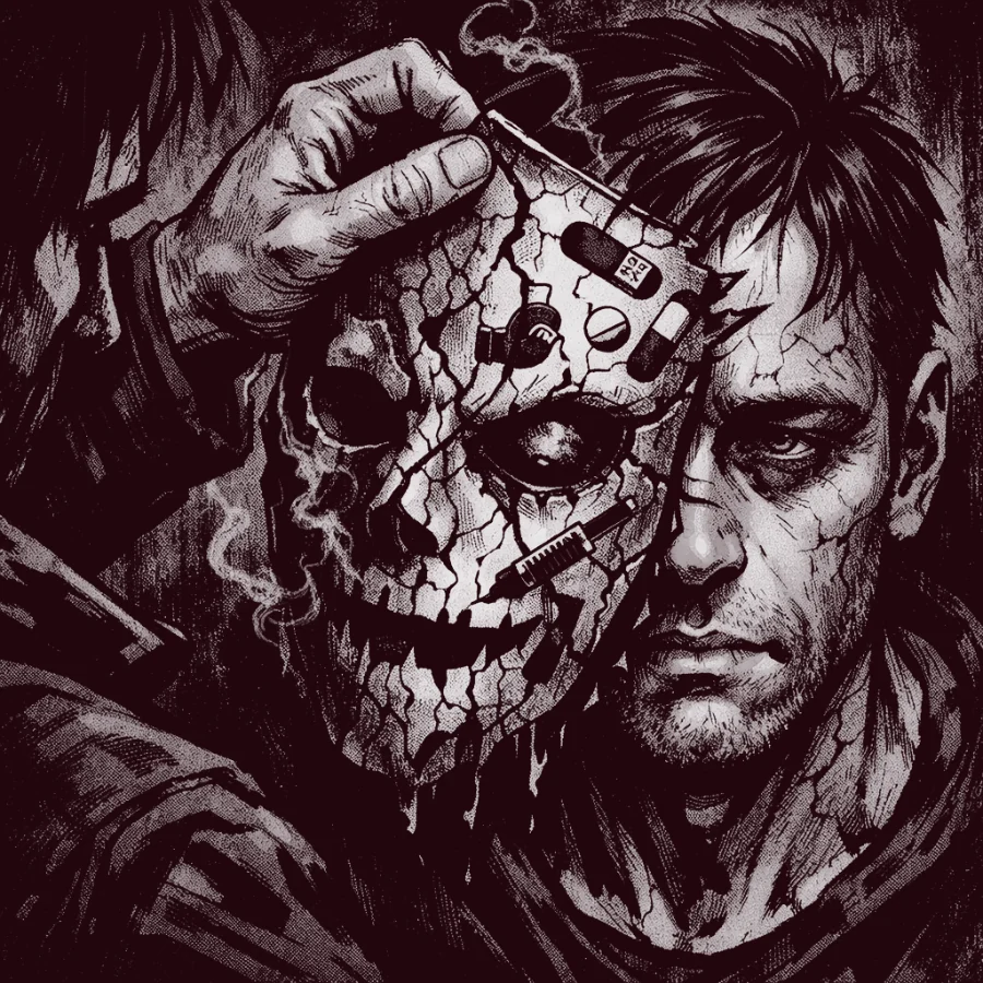 Masked trauma visual representing hidden distress beneath addiction