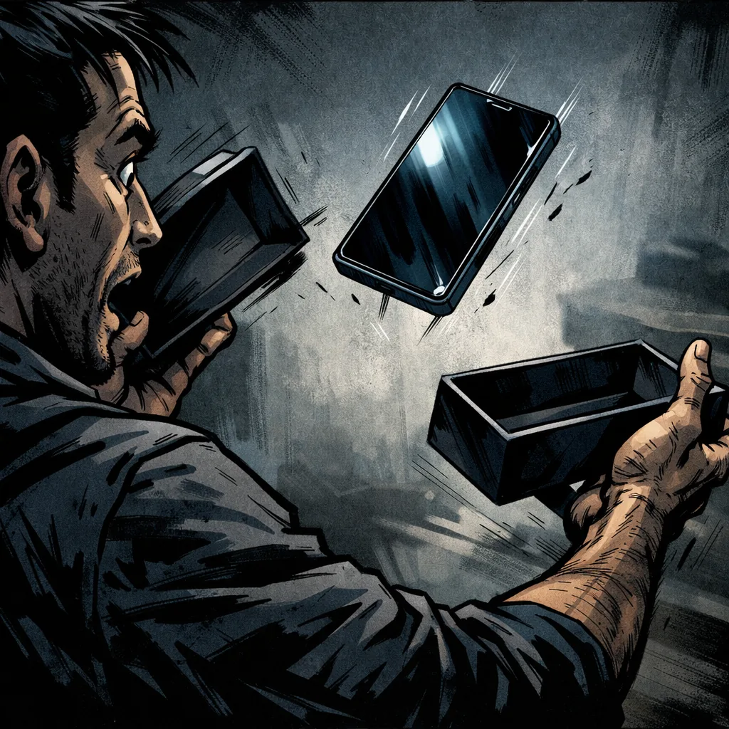 Man opening a vacuum-sealed phone box as it violently pops open, phone flying upward in shock