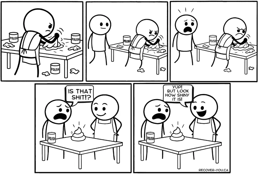 Cartoon of someone proudly polishing a pile while another looks horrified, symbolizing surface-level trauma care.