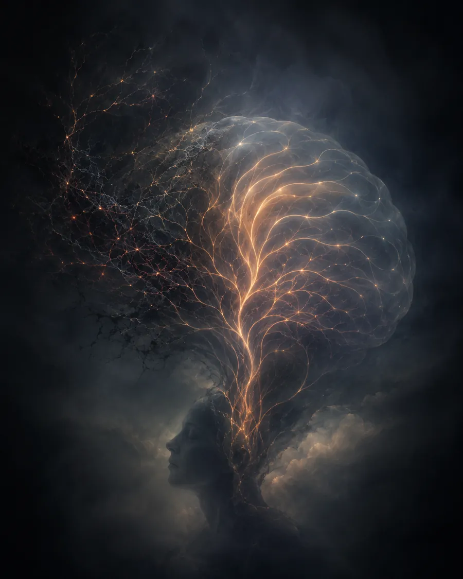 A woman's profile in silhouette, her head opening into a luminous branching network of neurons that spreads upward like a tree against a dark sky