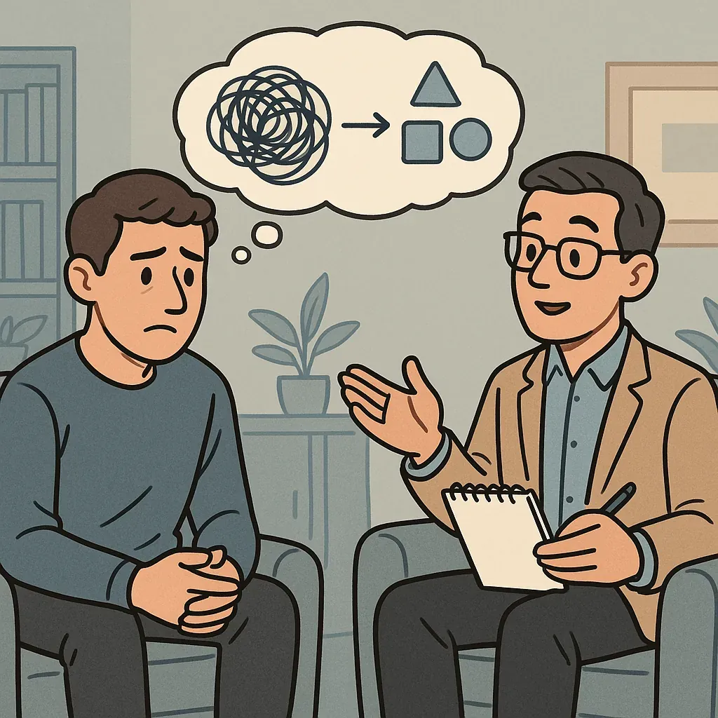 A therapist and client in session, a tangle of thought resolving into ordered shapes above them