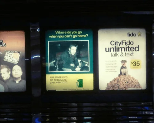 Youth Emergency Shelter train station advertisement from the early 2000s