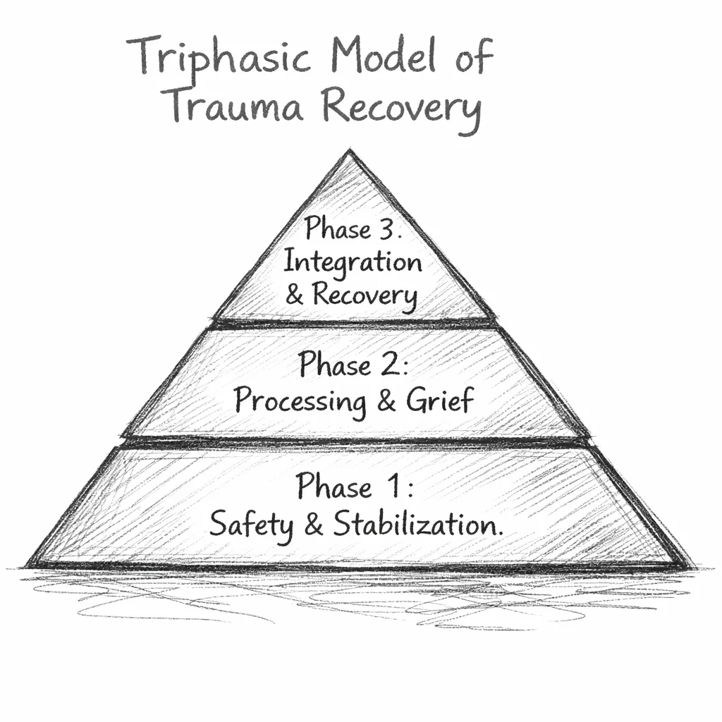 Triphasic model of trauma recovery showing safety and stabilization, processing and grief, and integration and recovery