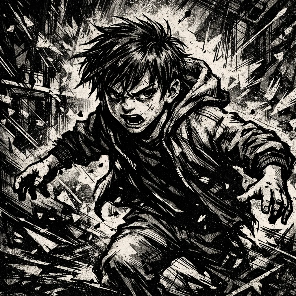 A restless child in mid-motion with intense expression, representing impulsivity and difficulty with self-regulation